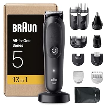 Braun Rifinitore All-in-One Series 5, Rasoio Elettrico Barba E Capelli 13In1, Taglia Peli Naso E Orecchie, Macchinetta Per Capelli, Lama ProBlade, Tecnologia AutoSense, Wet&Dry, AIO5565, Nero