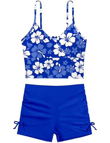 Girls Swimsuit V-neck Floral Print Tankini Solid Color Shorts Swimsuits for Teen Girls 2Pcs Set Bathing Suits For Girls