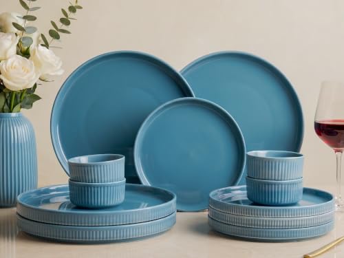 Image of Bodhi House 12-Piece Ribbed Porcelain Dinner Set for 4, 4 Dinner Plates | 4 Quarter Plates & 4 Katori, Microwave & Dishwasher Safe, Chip Resistant Crockery Set for Home, Dining & Gifting, True Blue