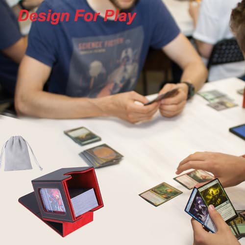 Image of AFIING MTG Deck Box for Commander Display,Card Deck Box Fits 100 Double Sleeved Cards, Magic Commander TCG Card Storage Box with 2 Dividers,Drawstring Bag and 1 Toploader(Black /Red)