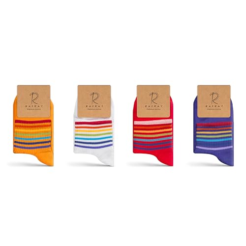 RAFRAY Athletic Ankle Socks Quarter Length, Premium Sports Socks Rainbow Striped, 4 Pairs, Size US W: 5-9.5 / EU: 36-40