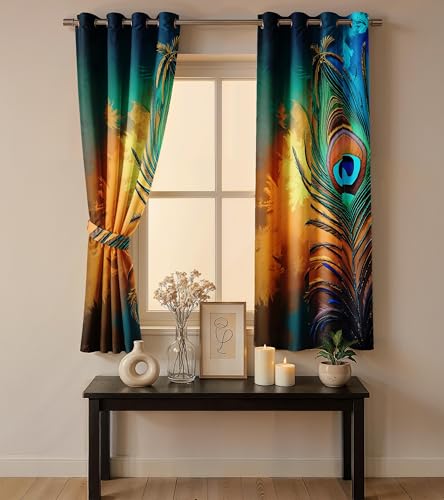 Image of Ultimate Trends Room Darkening Digital Printed Peacock Prints Curtain 65-70% Opacity,Diamond Eyelets, Tie Back, 8 FEET Pack of 1,Teal, Amber & Gold