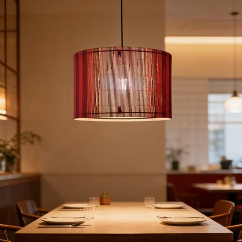 Image of Pendant Lamp Shade, Translucent Bamboo Made, 13.8x9 Inch, Modern Minimalist Style for Living Room, Bedroom (Red Stripe)