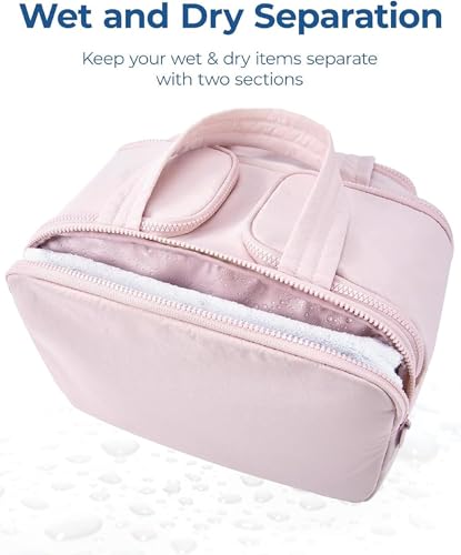 Image of Makeup Organizer Travel Bag with Wet and Dry Sections, Dual Zip compartments, top Handles, Pink