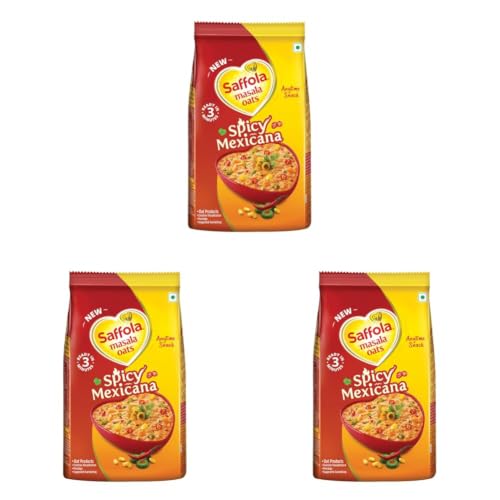 Image of Saffola Masala Oats Spicy Mexicana, 400g | Spicy Flavoured Rolled Oats with High Fibre, Yummy Anytime Snack (Pack of 3)