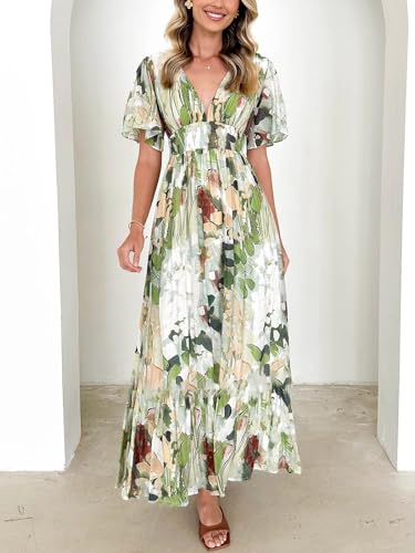Image of Flessibili Womens Short Sleeve Floral Maxi Dresses 2026 Spring Wedding Guest Party Summer Dress Green Abstract X-Large