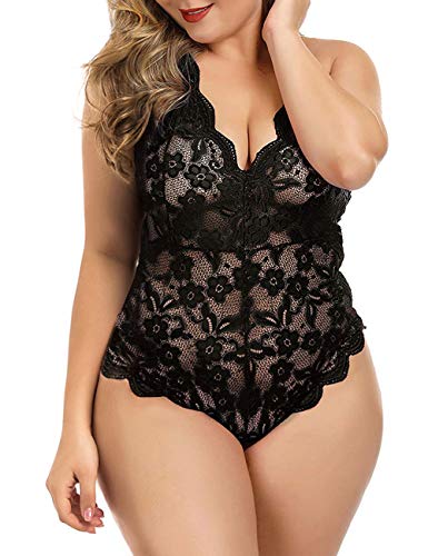 XAKALAKA Women Plus Size Lace Bodysuit Teddy Lingerie One Piece Babydoll Clubwear Black-787 2X