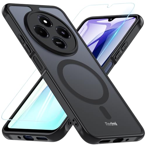 OWKEY Magnética Funda para Xiaomi Redmi 14C/ Poco C75, Carcasa con Cristal Templado, Antigolpes Protección de Cámara Esmerilado Translúcido para Xiaomi Redmi 14C/ Poco C75 (Negro)