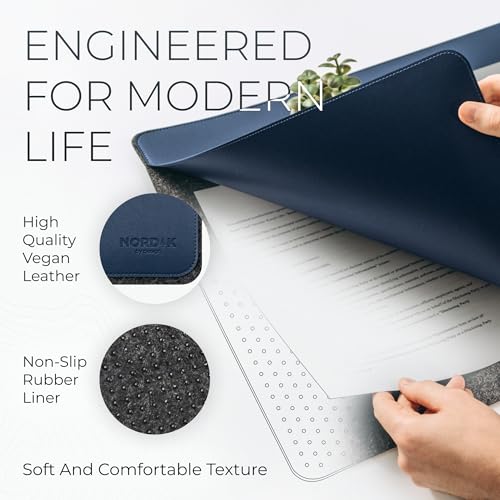 Image of Nordik Felt and Leather Desk Mat - Dual Layer Midnight Blue 35 x 17 in