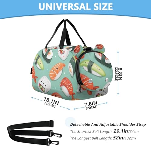 Sushi Pattern Green Duffle Bag for Girl, Sports Duffle Gym Bags with Shoe Compartment, Personalized Overnight Bag Travel Weekender for Kids2