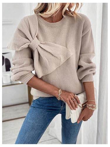 Floerns Women's Long Sleeve Big Bowknot Cute Pullover Tops Knit Crew Neck Sweater4