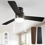 Passky Ceiling Fans with Lights, 42 inch Low Profile Ceiling Fan with Pull Chain and Remote Control, Flush Mount, Reversible, 5CCT, Dimmable, Noiseless, Black Pull Cord Ceiling Fan for Bedroom
