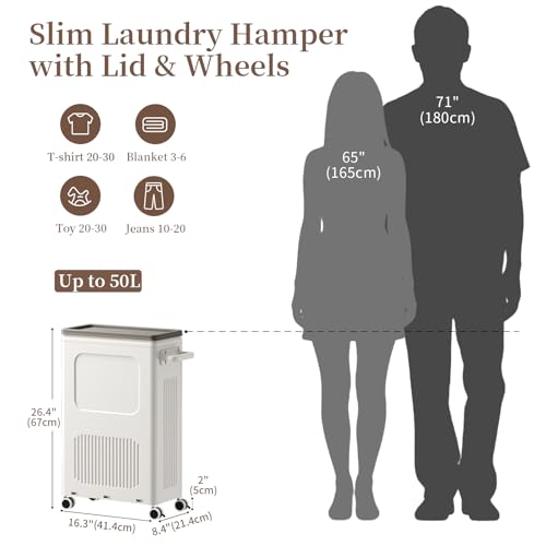 Image of HAIXIN HOME Slim Laundry Hamper with Lid, 50L Plastic Tall Laundry Basket with Wheels, Compact Size for Narrow Space, Rolling Laundry Cart with Handle for Easy Transport to Laundry Room (2 Pack)