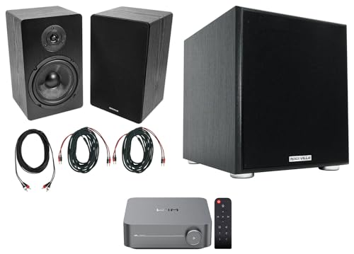 Audiosavings Bundle:(1) Wiim Amp Space Gray Wifi Streaming Receiver Bundle with (2)Rockville RockShelf 68B Bookshelf Speakers &(1)Powered Subwoofer (1) BN20 20' Cable, 25' Ft. Dual RCA Cable (4 Items)