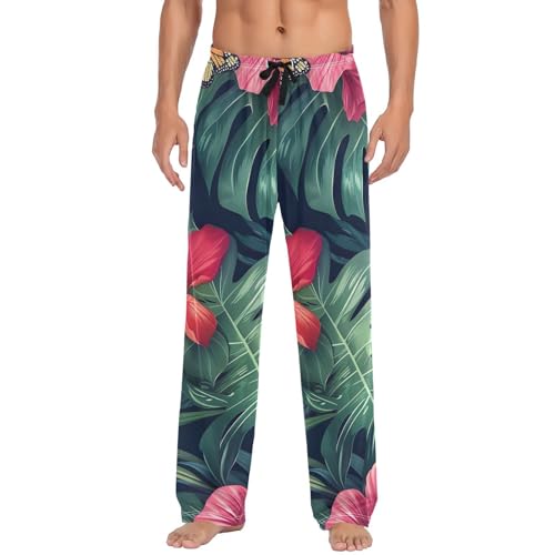 Men's Pajama Pants Tropical Leaf and Flowers Sleep Pajama Lounge Pant with Pockets, Elastic Waistband