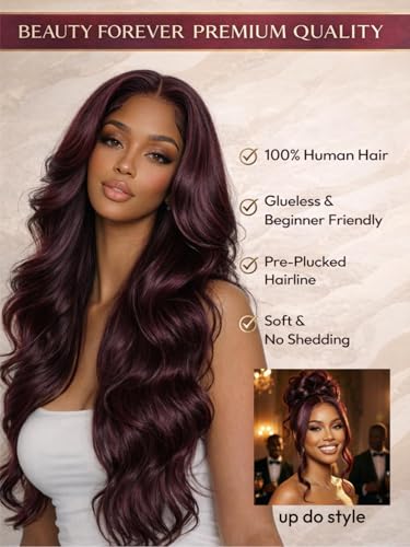 Image of Beauty Forever Bye Bye Knots Black Cherry Loose Body Wave Glueless Wigs Human Hair Pre Plucked Pre Cut 7x5 Lace Front Drawstring Wig with Face Framing Layers Put on and Go Wig 180% Density 26inch