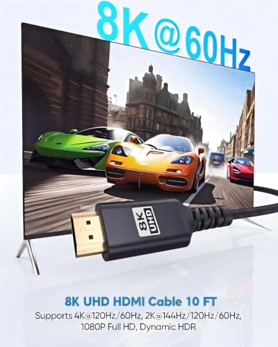 Image of 8K Short HDMI Cable Black 10FT, 48Gbps Ultra High Speed HDMI 2.1 Cable eARC Braided HDMI Cord with 8K@60Hz, 4K@120Hz, HDR10+, Dolby, 3D,HDCP2.3 for Laptop /Monitor /HDTV /Soundbar /Blu-ray /PS5 /Xbox