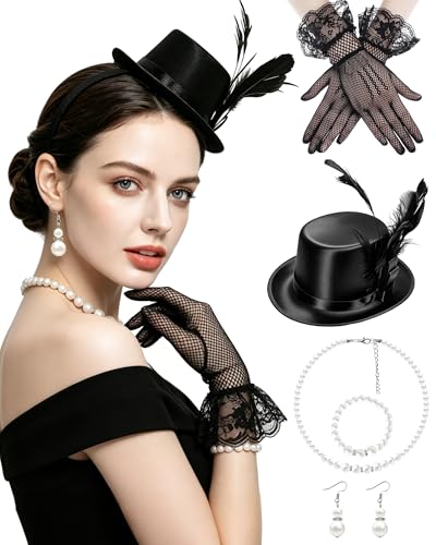 Black Mini Top Hat Headband Set Small Top Hat with Lace Gloves and Pearl Jewelry Accessories Set Vintage Party Costume Headpiece for Women Daily Themed Party Gathering