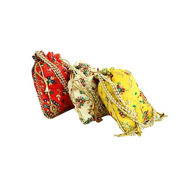 4EVER Rajasthani Style Royal Clutch Silk Batwa Bag wedding potli for ladies Deepawali Gift handbags traditional Indian Wristlet with Drawstring Ethnic Embroidery Women Fashion Potli (Pack of 3) (yellow, red, golden)