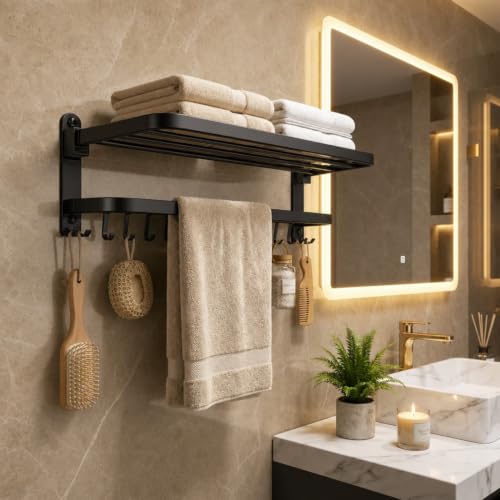 Image of Well Set Stainless Steel Foldable Towel Rack for Bathroom | Wall Mounted Towel Holder with Shelf | Durable Rust-Free Space Saving Bathroom Accessory