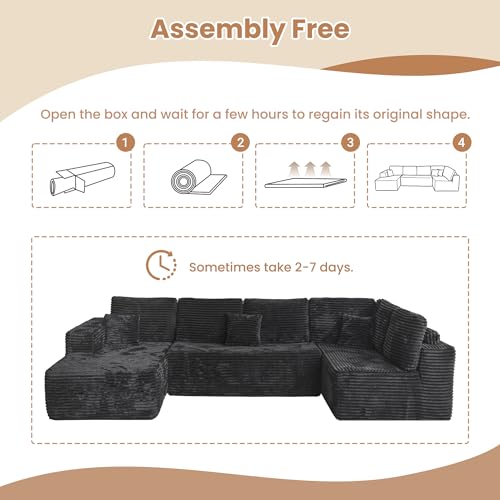 Image of HOOOWOOO Cloud Sectional Couches for Living Room,Modular Sectional Sofa No Assembly,133X70 Inch Plush Corduroy Large U Shaped Floor Couch Set with Deep Seat Chaise Lounge(Black)