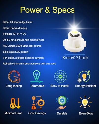 Image of WLJH 10x Ice Blue T3 Neo Wedge Led 3030 SMD Chip 8mm Base Car Dash Instrument Bulb Clock Check Engine Transmission Fasten Seat Belt Hi-Beam Parking Brake Turn Signal Ignition Indicator Lights | 3030 SMD, 12V, 60,000 Hours Lifespan, 360 Light Output, Climate Control, Indicator Lights, Gauge Cluster, 10-Pack