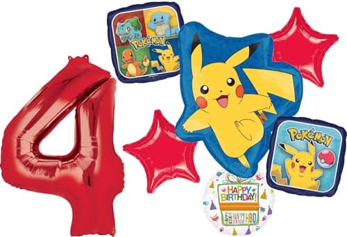 Anagram 4th Birthday Party Supplies 7pc Pikachu Foil Balloon Bouq...