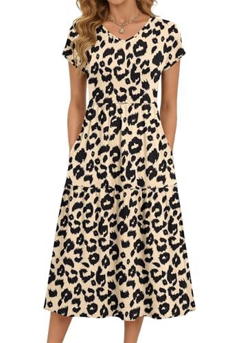 PLOKNRD Robe Longue Femme Été - Taille Haute, Col V, Manches Courtes avec Poches - Volants en Jersey Infroissable Léopard,XL