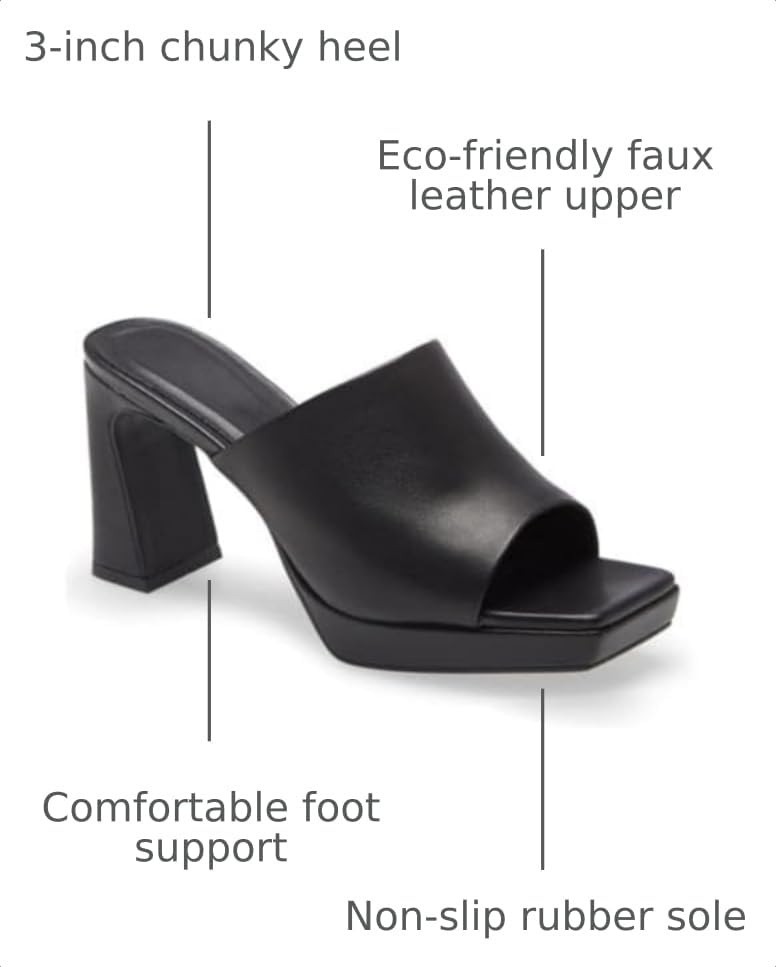 Image of Womens Platform Chunky Heels Mules Square Open Toe High Heeled Sandals Slip On Slides Dress Shoes