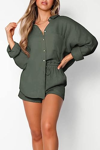 Image of Trendy Queen Two Piece Sets For Women Summer Short Sets | Matching Two Piece Pajama, Lounge Wear, Linen Set, Button-down Top with Matching Shorts, Perfect for Beach, Resort Wear