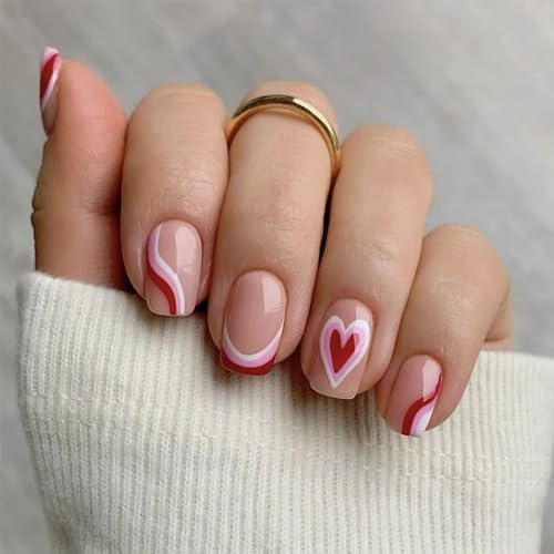 24 uñas postizas a juego con diseño de corazón, uñas postizas cortas francesas para el día de San Valentín