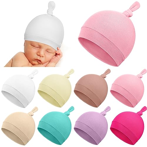 Suhine 8 Pcs Preemie Hats for Baby Girls Cotton Premature Knot Hats Newborn Hospital Cap Warm Knot Beanie Nicu for Preemie Girls and Boys