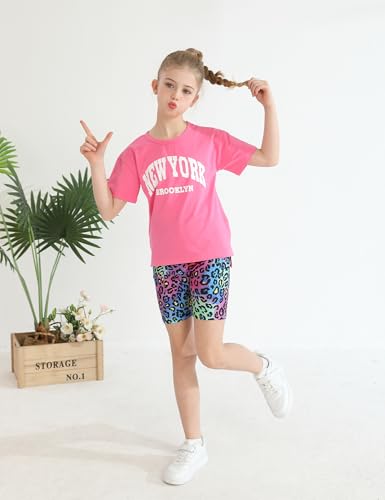 Image of mksodopy Girls Summer Clothse Graphic Print Front and Back High and Low Irregular T-shirt Cycling Shorts Set