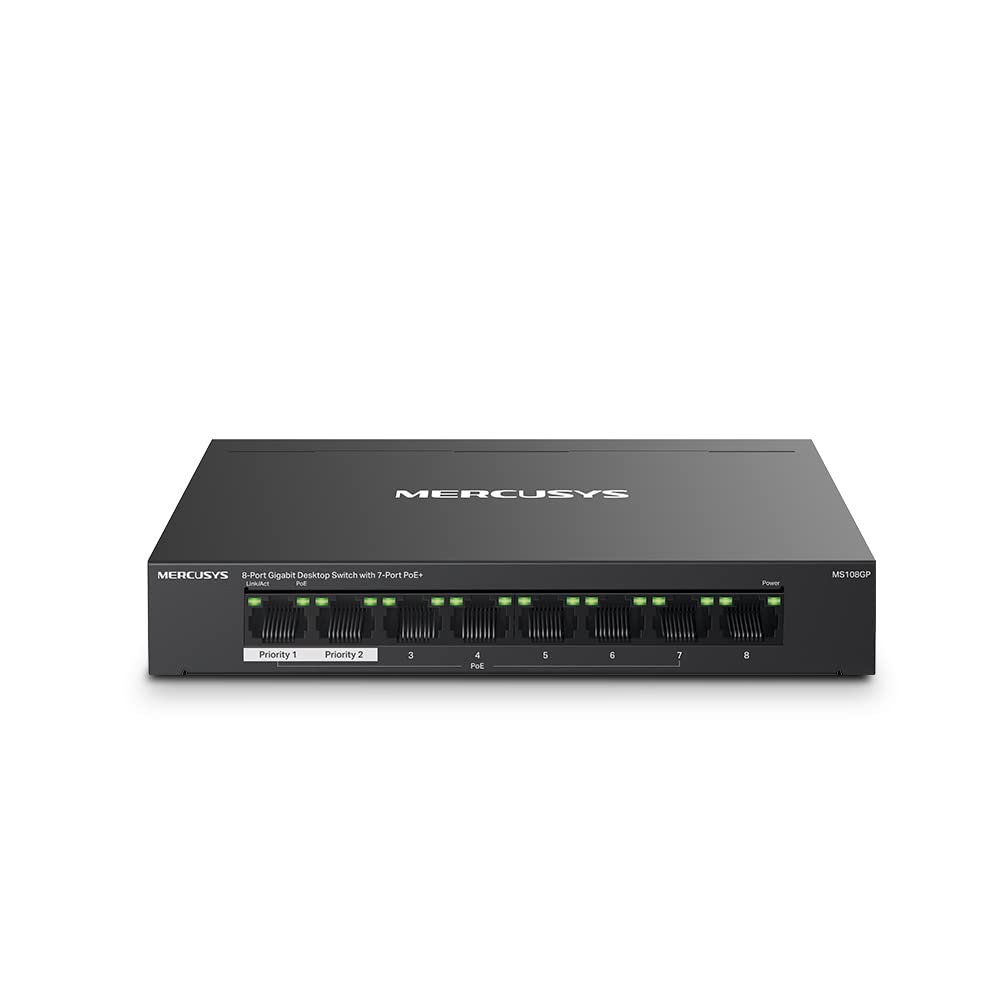 Mercusys MS108GP PoE Switch 8-Port Gigabit LAN Switch mit 7 PoE+ Ports, bis zu 30 W pro PoE-Port und 65 W für alle PoE-Ports, 802.3af/at PoE, lüfterlos, Plug-and-Play, Robustes Metallgehäuse