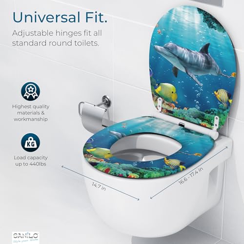 Image of Sanilo Wooden Toilet Seat with Quick Release & Soft Close [ROUND] - Decorative & Slow Close Molded Wood Seat - With One Click for Easy Installation & Cleaning - With Adjustable Fit (Dolphin)
