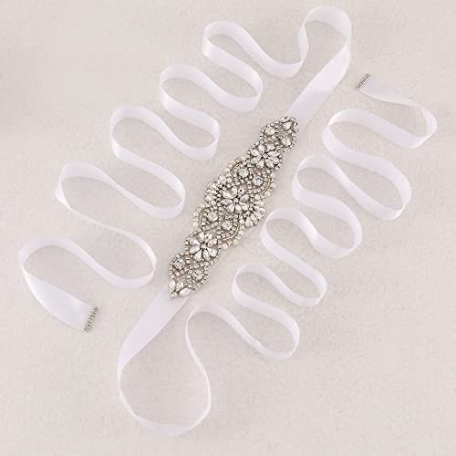 Yanstar White Sash Crystal Applique Wedding Bridal Belts In Silver With Pearls Beaded On Wedding Prom Dress-7.7In2In #TOP4