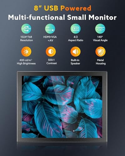 Image of Eyoyo 8 inch Small Mini Monitor 1024x768 Resolution Car Rear View TFT LCD | Mini Screen Display with HDMI /VGA /AV Video Input for PC DVD DVR CCD 140 Wide Angle Metal Housing