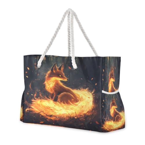 ALAZA Fox Fire Tree Animal Large Beach Bag Shoulder Swim Tote Bag for Gym Travel Women