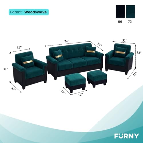 Image of FURNY Woodswave 5 Seater Sofa Set with Velvet Fabric, 3+1+1+2 Puffy Sofa Set for Living Room (Teal-Black) Durable & Comfortable | Ideal for Living Room