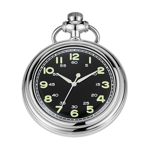 Image of Uncovered Men's Mechanical Pocket Watch with Chain, Uncovered Roman Design Dial Chain Mechanical Pocket Watches for Men