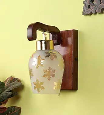 Green House 100% Handmade Sheesham Wood Wall Light/E 27 Bulb Base/U-Downlight Design/Gold Plated Metal Cap/Gold Leaf Printed Glass/Antique/Home/Office Decor
