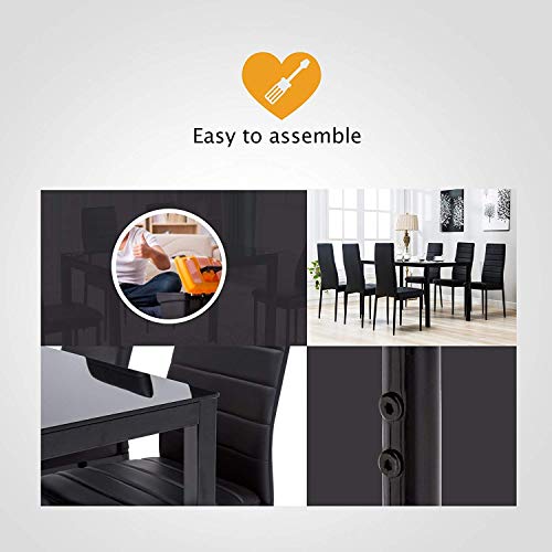 mecor 7-Piece Glass Kitchen Dining Table Set, Glass Top Table with 6 Faux Leather Chairs Breakfast Furniture,Black