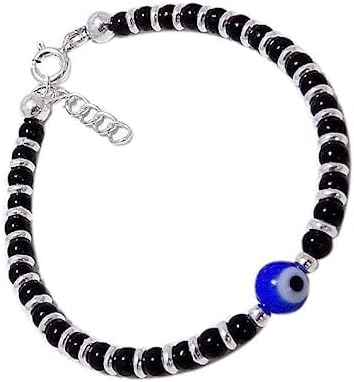 Jewar Blue Evil Eye Nazariya Bracelet in Silver with Black Beads for Men Women - Image 2