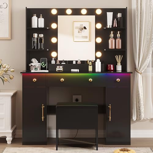 Image of HUANLEGO Vanity Desk with Mirror and Lights,Black Makeup Vanity with Charging Station & Stool, 3 Drawers and Cabinets, White Vanity Mirror with RGB LED Lights Makeup Desk and Chair for Women
