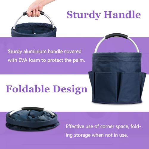 Image of 17L Cleaning Caddy with Handle, Portable Shower Caddy in 600D Oxford Fabric, Bucket Tool Organizer with 6 Side Pockets, Collapsible Storage Basket for Cleaning, Camping, Navy Blue