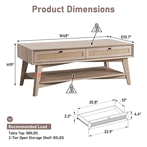 Okd 48" Coffee Table With Natural Rattan Drawers, Mid Century Modern 2-Tier Center Table With Open Storage Shelf, Boho Rectangular Wood Cocktail Table For Living Room, Oak #TOP5