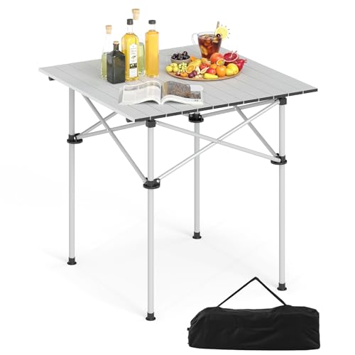 Giantex Folding Roll-up Camping Table, Outdoor Lightweight Aluminium Table for 4, Portable Square Table with Carry Bag for Picnic, Hiking, BBQ, Beach, Tailgating (28'x28'x27.5',Silver)