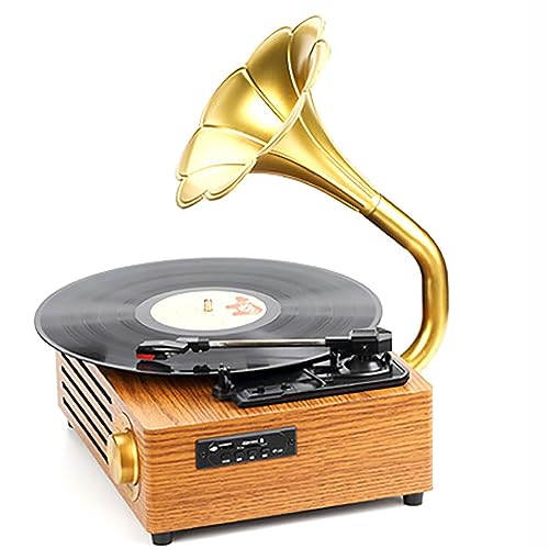 Mini Retro Gramophone Vinyl Record Player, Portable Wireless Bluetooth Speaker, Horn Shape Bluetooth Vintage Record Player 3-Speed Turntables for Vinyl Records Built-in Speakers