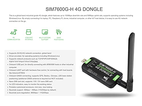 Waveshare SIM7600G-H 4G DONGLE with Antenna,Supports Global Band,Industrial Grade 4G Communication and GNSS Positioning Peripheral with 50Mbps downlink Rate and 50Mbps uplink Rate