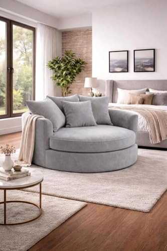 Image of SOFALIZE - Modern Barrel Accent with Pillows Round Sofa Modern Combines Contemporary Design Oversize Arm Chair Cozy Club Chair for Bedroom, Living Room, Lounge, Hotel & Office Hallways Sofa (Grey)